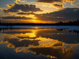 ai generado un imagen de un vibrante puesta de sol terminado un sereno lago, con vistoso reflexiones reluciente en el agua con nieve foto