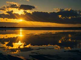 ai generado un imagen de un vibrante puesta de sol terminado un sereno lago, con vistoso reflexiones reluciente en el agua con nieve foto