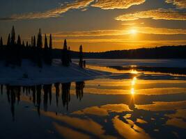 AI generated An image of a vibrant sunset over a serene lake, with colorful reflections shimmering on the water with snow photo