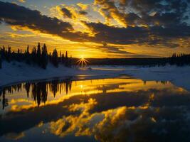 ai generado un imagen de un vibrante puesta de sol terminado un sereno lago, con vistoso reflexiones reluciente en el agua con nieve foto