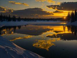 ai generado un imagen de un vibrante puesta de sol terminado un sereno lago, con vistoso reflexiones reluciente en el agua con nieve foto