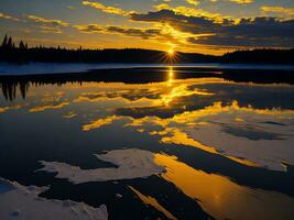 AI generated An image of a vibrant sunset over a serene lake, with colorful reflections shimmering on the water with snow photo
