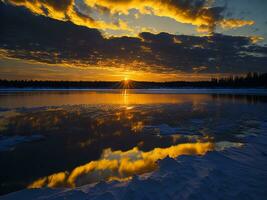 AI generated An image of a vibrant sunset over a serene lake, with colorful reflections shimmering on the water with snow photo