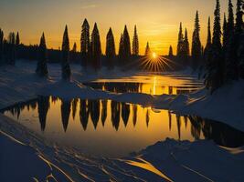 AI generated An image of a vibrant sunset over a serene lake, with colorful reflections shimmering on the water with snow photo