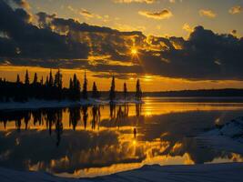 AI generated An image of a vibrant sunset over a serene lake, with colorful reflections shimmering on the water with snow photo