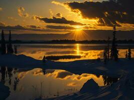 AI generated An image of a vibrant sunset over a serene lake, with colorful reflections shimmering on the water with snow photo