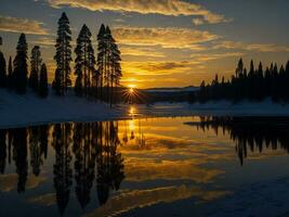 AI generated An image of a vibrant sunset over a serene lake, with colorful reflections shimmering on the water with snow photo