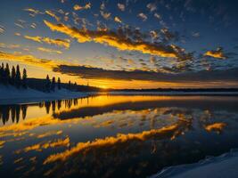AI generated An image of a vibrant sunset over a serene lake, with colorful reflections shimmering on the water with snow photo