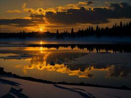 ai generado un imagen de un vibrante puesta de sol terminado un sereno lago, con vistoso reflexiones reluciente en el agua con nieve foto