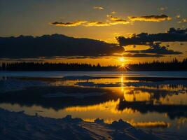 ai generado un imagen de un vibrante puesta de sol terminado un sereno lago, con vistoso reflexiones reluciente en el agua con nieve foto