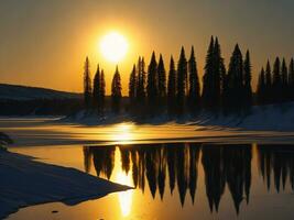 ai generado un imagen de un vibrante puesta de sol terminado un sereno lago, con vistoso reflexiones reluciente en el agua con nieve foto