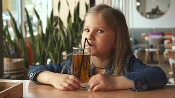 weinig meisje drinken sommige gearomatiseerd water Bij de cafe video