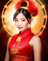 AI generated beautiful chinese woman in traditional cheongsam dress photo