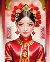 ai generado hermosa chino mujer en tradicional cheongsam vestir foto