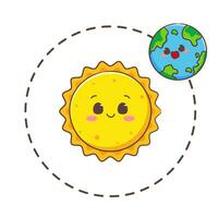 Cute earth cartoon orbiting around Sun. World concept design. Isolated white background. Globe flat vector illustration.