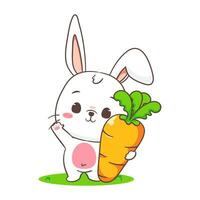linda Conejo dibujos animados con zanahoria. adorable conejito personaje. kawaii animal concepto diseño. aislado blanco antecedentes. mascota logo icono vector ilustración