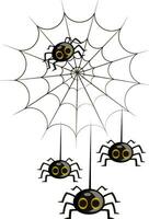 Four black cute cartoon spiders in a spiderweb vector illustration on white background.