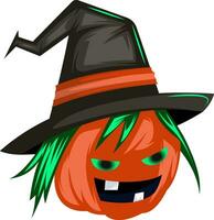 Scary evil pumpkin cartoon character with big black witch hat vector illustration on white background.