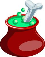 Red pot with green poison and bone floating vector illustration on white background.