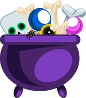 Big purple pot full of whitchcraft vector illustration on white background.