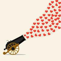 Ancient horizontal cannon fly a heart .Creative love concept and and communication vector