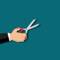 open Scissors holding in hand. isolated on green background. Vector illustration flat design