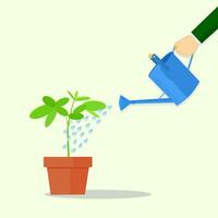 Vector Hand holding watering can watering plant in pot. flat design