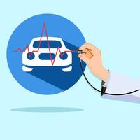 The car and the doctor hand is checking the condition of the car. Car care vector