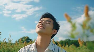 AI generated Calm Happy Smiling Asian Man with Closed Eyes on the Fields. Free, Peace, Beautiful Moment Concept photo