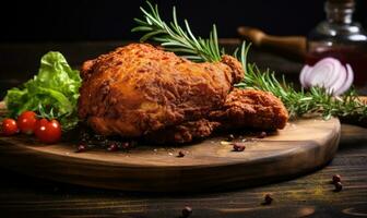 AI generated Grilled chicken on cutting board with herbs and spices on wooden table photo