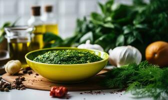 AI generated Grilled chicken on cutting board with herbs and spices on wooden table photo