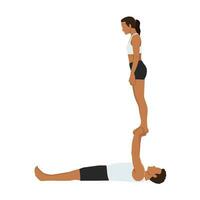 Young couple doing acroyoga. Woman balancing on raised arms of man lying on floor. vector