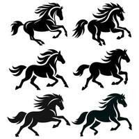 Vector Set of black color horse silhouette animal isolated on white background. Vector art of Black horses graphic element