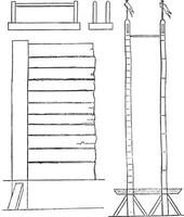 14. Panel a cross, 15. Elevation vertical masts, 13, 16. parallel bars, 17. The same front views, vintage engraving. vector