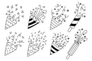 Confetti Popper Set for Party. Collection Isolated confetti, explosion, firecracker, celebration in doodle style. Vector illustration.