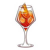 Campari spritz cocktail in glass with ice and slice of orange. Summer Italian aperitif. Retro illustration for bar menu. Vector illustration on a white background.