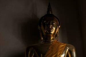 un estatua de oro Buda con sombra en pared en el oscuro habitación. foto