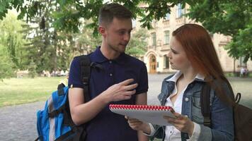 två studenter diskutera något i anteckningsbok på campus video