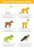 Tracing names of South American animal types. Writing practice. vector