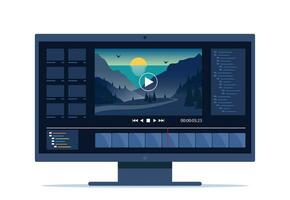 vídeo edición en escritorio computadora. software a editar videos en pantalla con naturaleza paisaje escena, cronograma y usuario interfaz. multimedia y película producción concepto. vector ilustración.