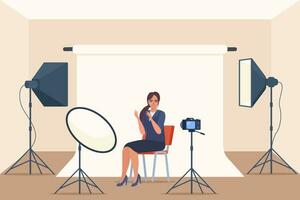 Shooting interview in professional studio. Soft box light, camera, spotlight. Professional equipment for video shooting. Woman having conversation on camera, making content. Vector illustration.