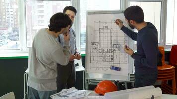 Architect explaining something on the plan of the building to his colleagues video