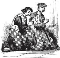 Alix and Arthur of Brittany, Costumes of man and woman has chess board, vintage engraving. vector