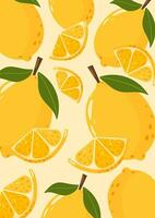 Lemon background with whole and slices fruits. Summer vitamin vector illustration for banner, poster, flyer, card. a4 format