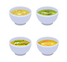 Set of Japanese soups. Bowls of miso soups isolated. Flat vector. vector