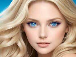AI generated A woman with wavy glossy hair and stunning blue eyes ai generate photo