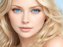 AI generated A woman with wavy glossy hair and stunning blue eyes ai generate photo