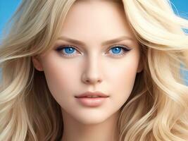 AI generated A woman with wavy glossy hair and stunning blue eyes ai generate photo