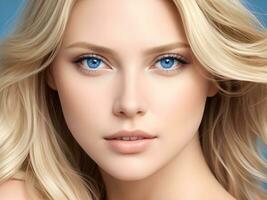 AI generated A woman with wavy glossy hair and stunning blue eyes ai generate photo