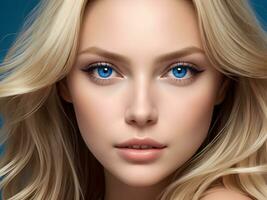 AI generated A woman with wavy glossy hair and stunning blue eyes ai generate photo